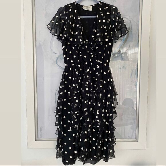 Vintage Pat Richards Black And White Polka Dot Flouncy Dress, Size S - Picture 1 of 9